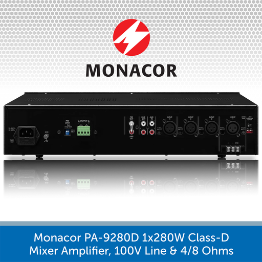 Monacor PA-928D 1x280W Class-D Mixer Amplifier, 100V Line & 4/8 Ohms