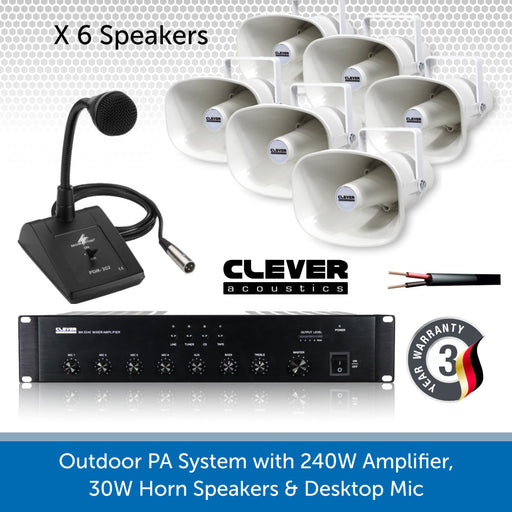 Public Address Speaker Kit with 240W Amplifier, 30W Horn Speakers & Desktop Paging Mic